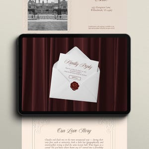 May include: A digital invitation design featuring a white envelope with a red wax seal and the words "Kindly Reply." The invitation includes a black and white photo of a building and text about the couple's love story.