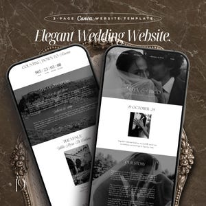 Puede incluir: Dos smartphones que muestran una plantilla de sitio web de bodas. El sitio web presenta fotos en blanco y negro, un temporizador de cuenta regresiva y secciones para el destino, el lugar y la historia. El texto incluye "Elegant Wedding Website" y "3-PAGE Canva WEBSITE TEMPLATE."