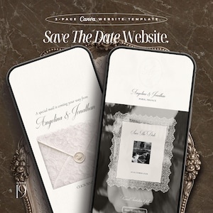 Op de afbeelding: Een 3-pagina Canva website template voor een Save The Date website. De mobiele schermen tonen elegante typografie, een envelop met kantpatroon en een waszegel, en een zwart-witfoto van een koppel, met de tekst Angelina & Jonathan.