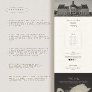 May include: A wedding website template with a minimalist design. The template includes sections for features, a schedule, attire, and gift information. The text reads "Edit quickly and easily on Canva using the free version."