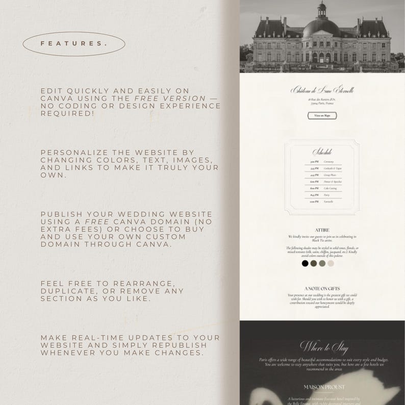 May include: A wedding website template with a minimalist design. The template includes sections for features, a schedule, attire, and gift information. The text reads "Edit quickly and easily on Canva using the free version."