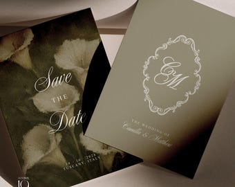 Convite Save the Date com Lírios Calla, Estilo Vintage Floral, para Casamento à Moda Antiga, Modelo Canva para Imprimir.