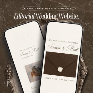 Könnte beinhalten: Zwei Smartphones, die eine Vorlage für eine Hochzeitswebsite anzeigen. Die Bildschirme zeigen elegante Designs mit dem Text "Editorial Wedding Website", "Louisa & Mall" und "Save the Date". Der Hintergrund ist eine dunkle, strukturierte Oberfläche.