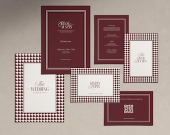 Burgundy Checkerboard Wedding Invitation Suite Wedding Invitation With RSVP Card Retro Wedding Suite Vintage Wedding Invitation Set