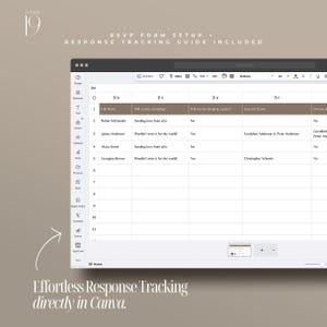 May include: A digital RSVP form setup with a response tracking guide. The image shows a spreadsheet with columns for full name, attendance, and guest information. Text on the image reads "Effortless Response Tracking directly in Canva."