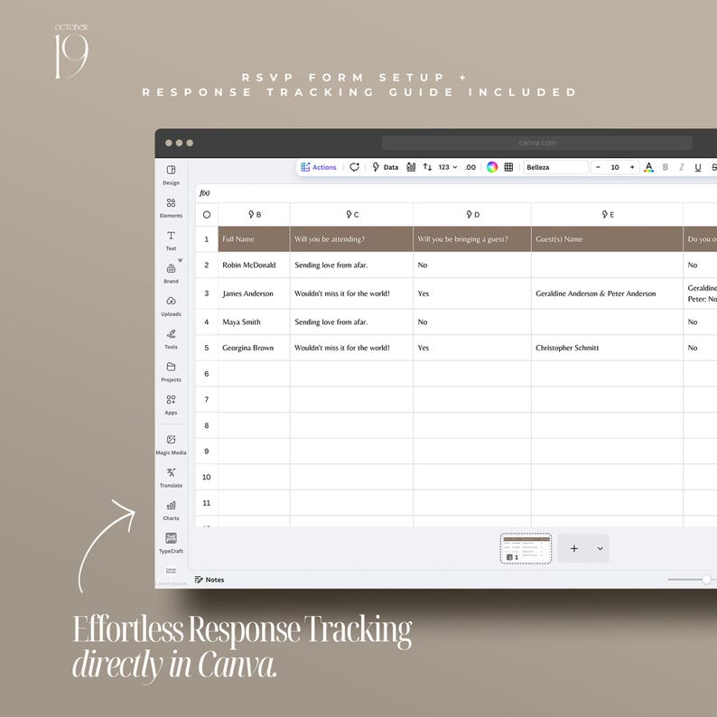 May include: A digital RSVP form setup with a response tracking guide. The image shows a spreadsheet with columns for full name, attendance, and guest information. Text on the image reads "Effortless Response Tracking directly in Canva."
