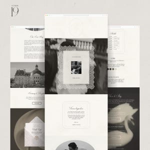 May include: A wedding website design in grayscale, featuring a framed photo with lace trim, the date "19 October 2019," and the location "Paris, France." The design includes website mockups with text and images.