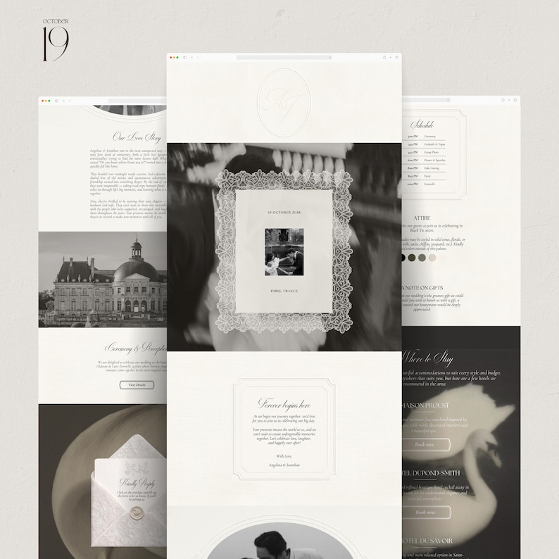 May include: A wedding website design in grayscale, featuring a framed photo with lace trim, the date "19 October 2019," and the location "Paris, France." The design includes website mockups with text and images.