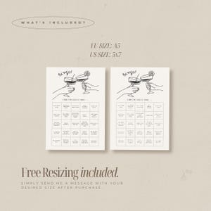 May include: Two printable bingo cards with a cocktail illustration at the top. The cards are labeled "Bingo!" and "Find the Guest That..." with a grid of prompts. The text "What's Included?" and "Free Resizing included" are also visible.