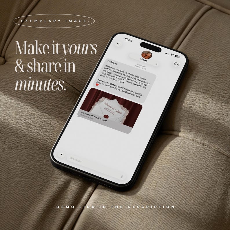 May include: A black smartphone displaying a messaging interface with the text 'Hi Maria, We're so excited to share that we're getting married! Please save the date as we begin counting down to our special day.' and an image of a wedding invitation.