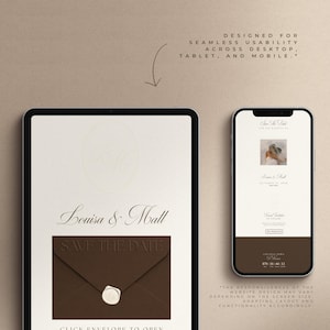 May include: A tablet and smartphone displaying a digital wedding save the date website. The screen shows the names Louisa & Matt, a brown envelope graphic with a wax seal, and text stating designed for seamless usability across desktop, tablet, and mobile.