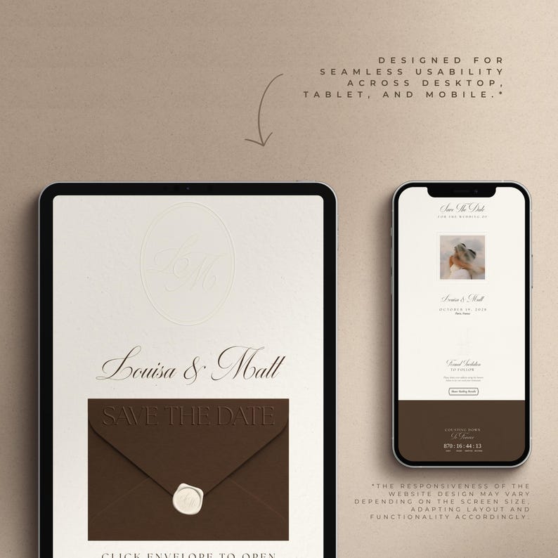 May include: A tablet and smartphone displaying a digital wedding save the date website. The screen shows the names Louisa & Matt, a brown envelope graphic with a wax seal, and text stating designed for seamless usability across desktop, tablet, and mobile.