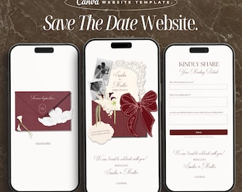 Ivory Burgundy Wedding Save The Date Website Template Canva Website Digital Wedding Invitation Save The Date Website Wedding