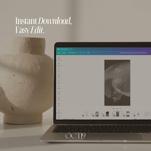 May include: A laptop screen displaying a digital design template with the text "Instant Download, Easy Edit." The template features a dark, monochromatic floral graphic with the numbers "19 10 28" and the text "Save The Date" visible.
