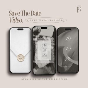 Könnte beinhalten: Drei Smartphones mit einer Save The Date Videovorlage. Der erste Bildschirm zeigt einen weißen Umschlag mit einem Schwan-Wachssiegel. Der zweite Bildschirm zeigt einen Rahmen mit Spitzenbordüre und dem Text Save The Date, der dritte das Datum 19 10 28.