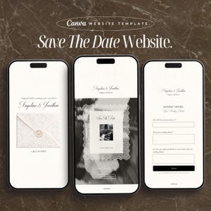 Może przedstawiać: Trzy smartfony wyświetlające szablon strony internetowej ślubnej. Pierwszy telefon pokazuje zaproszenie z tekstem "A special mail is coming your way from Angelina & Jonathan." Drugi pokazuje kartę "Save The Date". Trzeci ma formularz.