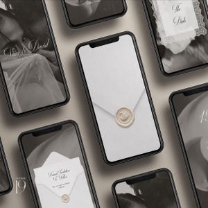 May include: Multiple smartphones displaying wedding invitation digital templates. Screens show black and white photography, text reading Nina & David, The Date, and Formal Invitation To Follow, and a white envelope with a swan wax seal.