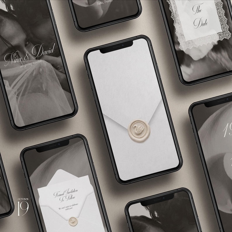 May include: Multiple smartphones displaying wedding invitation digital templates. Screens show black and white photography, text reading Nina & David, The Date, and Formal Invitation To Follow, and a white envelope with a swan wax seal.