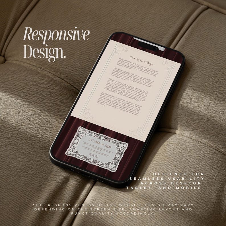 May include: A smartphone displays a website design concept with the text "Responsive Design." The screen shows a document with the title "Our Love Story" and a decorative label. The design is intended for seamless usability across desktop, tablet, and mobile.