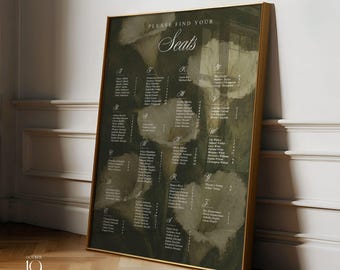 Modelo de mapa de assentos alfabético, pintura a óleo vintage, plano de assentos elegante para casamento, sinalização de casamento com lírios-de-cala, placa de casamento retrô.