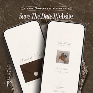 Plantilla web de invitación de boda vintage editorial para guardar la fecha en Canva Sitio web de invitación de boda digital para guardar la fecha en el sitio web de boda