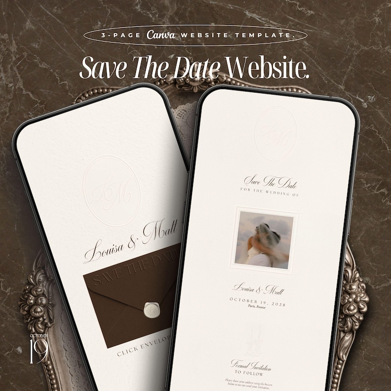 May include: Two smartphones displaying a 3-page Canva website template titled Save The Date Website. The screens show a wedding save the date design with the names Louisa & Matt, a photograph of a couple, and a brown envelope with a wax seal.