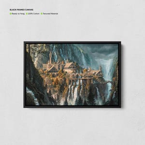 May include: A black framed canvas print featuring a fantasy landscape with a city built into a mountainside with waterfalls cascading down the cliffs. The city is made of stone and wood and has many bridges connecting the different buildings. The sky is cloudy and the overall tone of the image is dark and moody.