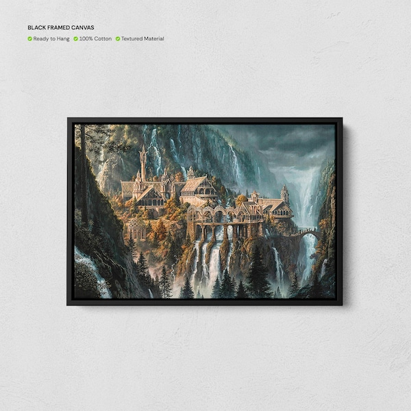Rivendell Wandkunst, Herr der Ringe inspiriert Leinwand, Mittelerde Druck, Rivendell Landschaft, Geschenk für Bücherwürmer, Lord auf der Suche nach dem Ring