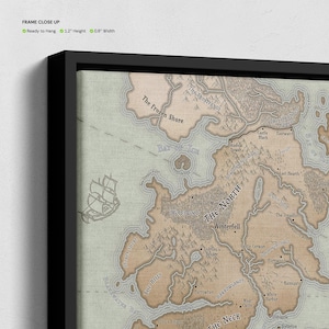 May include: A detailed map of the North from the popular fantasy series Game of Thrones. The map shows the land masses of the North, including Winterfell, the Dreadfort, and the Wolfswood. The map is in a vintage style with a beige background and black text.