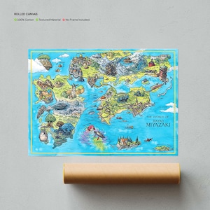 May include: A rolled canvas print with a vibrant illustrated map, displaying the text "THE WORLD OF HAYAO MIYAZAKI." The map has a blue backdrop and a yellow border. A brown cardboard tube is visible at the bottom.