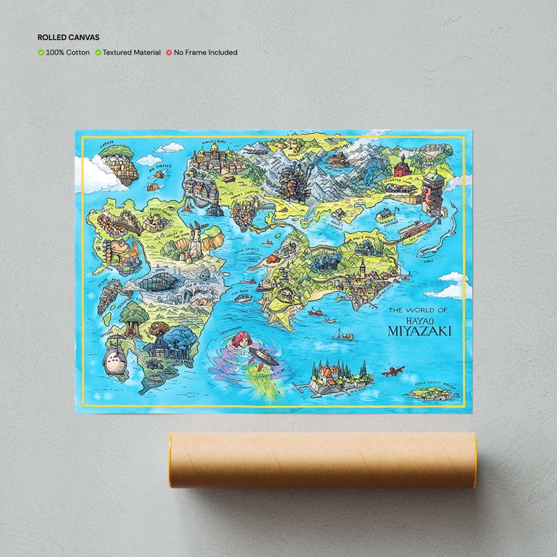May include: A rolled canvas print with a vibrant illustrated map, displaying the text "THE WORLD OF HAYAO MIYAZAKI." The map has a blue backdrop and a yellow border. A brown cardboard tube is visible at the bottom.