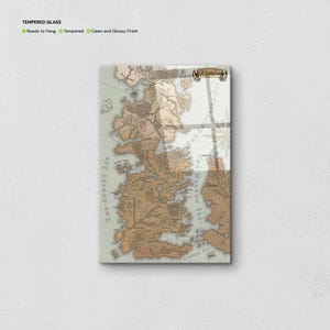 May include: A vintage-style map of Westeros, the fictional continent from the Game of Thrones series, printed on tempered glass. The map shows the Seven Kingdoms, including the North, the Riverlands, the Vale of Arryn, the Westerlands, the Reach, the Stormlands, and the Crownlands. The map also shows the major cities, rivers, and mountains of Westeros.