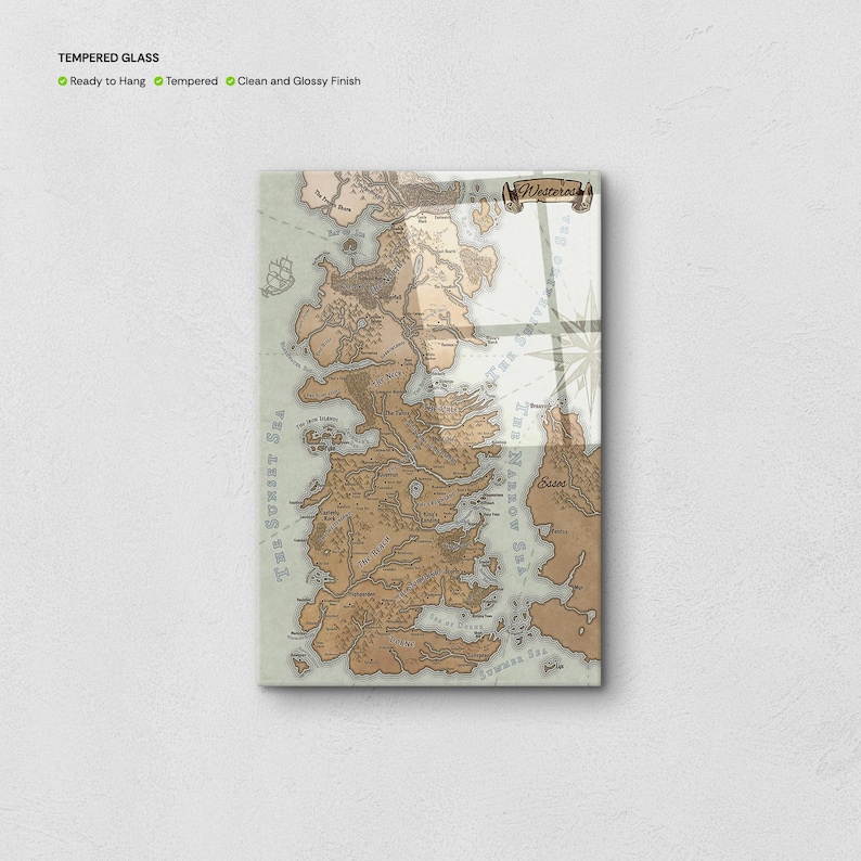 May include: A vintage-style map of Westeros, the fictional continent from the Game of Thrones series, printed on tempered glass. The map shows the Seven Kingdoms, including the North, the Riverlands, the Vale of Arryn, the Westerlands, the Reach, the Stormlands, and the Crownlands. The map also shows the major cities, rivers, and mountains of Westeros.