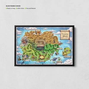 Peut inclure: Impression sur toile encadrée d'une carte fantastique intitulée "Victoria Island". La carte présente des illustrations détaillées de divers lieux, dont "Perion", "Sleepywood" et "Henesys". La toile est encadrée en noir et est prête à être accrochée.