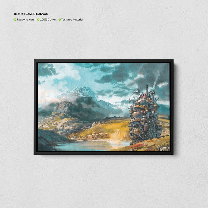 May include: Black framed canvas art print featuring a fantasy landscape with a large, detailed, steampunk-style moving castle. The artwork depicts a mountain range, lake, and cloudy sky. The canvas is ready to hang and made of 100% cotton.