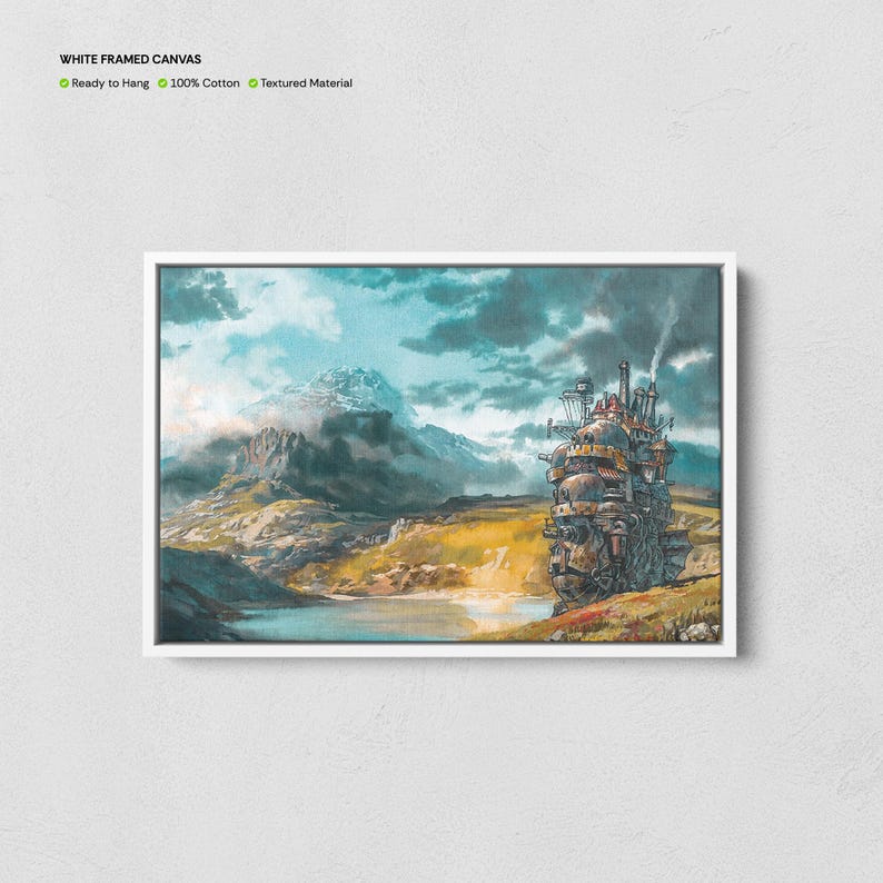 May include: White framed canvas art featuring a landscape with a large, detailed, steampunk-style castle. The artwork has a fantasy theme with a lake, mountains, and a cloudy sky. The canvas is ready to hang and made of 100% cotton with a textured material.