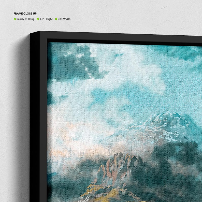 May include: A framed canvas print featuring a mountain landscape with a black frame. The artwork depicts a mountain range with snow-capped peaks, clouds, and a teal and blue sky. The frame is 0.8 inches wide and 1.2 inches high.