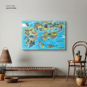 May include: A rectangular gallery canvas print displaying a vibrant map illustration, labelled "The World of Hayao Miyazaki." The map, with a blue border, showcases fantastical locations and characters in a whimsical style. The canvas is rectangular.