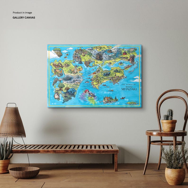 May include: A rectangular gallery canvas print displaying a vibrant map illustration, labelled "The World of Hayao Miyazaki." The map, with a blue border, showcases fantastical locations and characters in a whimsical style. The canvas is rectangular.
