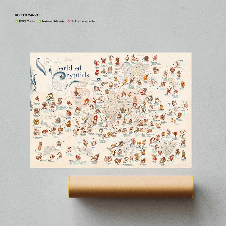 World of Cryptids Print, Map of Mythical Beasts Canvas, Cryptid Wall ...