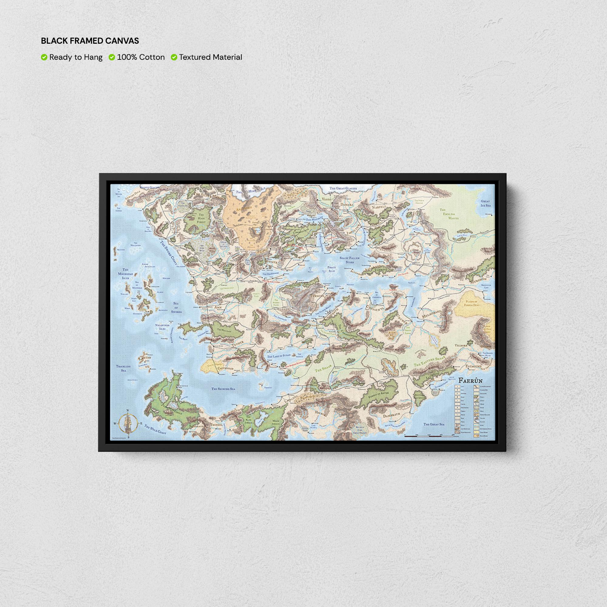 Map of Faerun Print, Faerun Map from Forgotten Realms Canvas, Fantasy Map, DnD World Map, Cartography Art, Video Games, Gift Game Poster