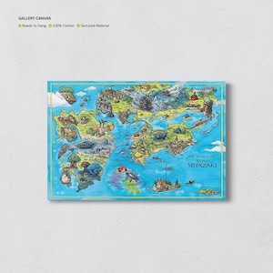 May include: A canvas print depicting a detailed, colourful map of a fantasy world. The map shows islands, mountains, and buildings, with the text "THE WORLD OF HAYAO MIYAZAKI". The canvas is ready to hang and made of 100% cotton, with a textured material.