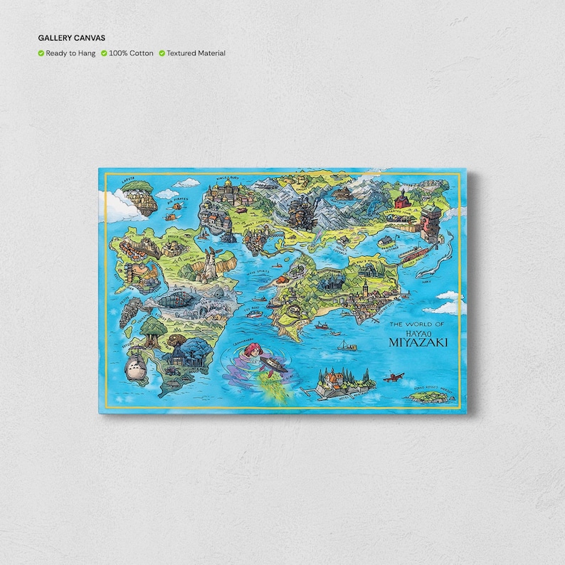 May include: A canvas print depicting a detailed, colourful map of a fantasy world. The map shows islands, mountains, and buildings, with the text "THE WORLD OF HAYAO MIYAZAKI". The canvas is ready to hang and made of 100% cotton, with a textured material.