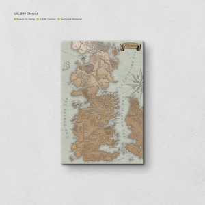 May include: A canvas print of a map of Westeros, the fictional continent from the Game of Thrones series. The map is in a vintage style with brown and beige colors. The text "Westeros" is in a brown banner at the top of the map. The text "The Narrow Sea" is on the right side of the map. The text "The Sunset Sea" is on the left side of the map.
