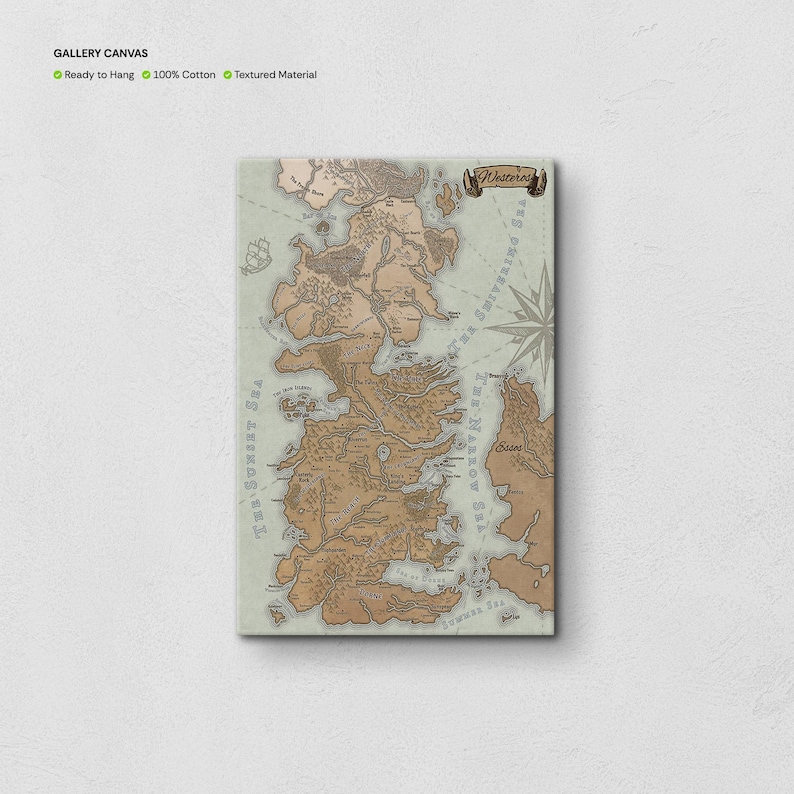May include: A canvas print of a map of Westeros, the fictional continent from the Game of Thrones series. The map is in a vintage style with brown and beige colors. The text "Westeros" is in a brown banner at the top of the map. The text "The Narrow Sea" is on the right side of the map. The text "The Sunset Sea" is on the left side of the map.