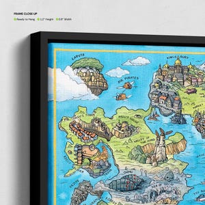 May include: A framed, colourful map illustration with a black frame. The map features whimsical drawings of towns, airships, and creatures. Text on the map includes "Laputa," "Air Pirates," and "Pazu's Town." The frame is 3.0 cm high and 2.0 cm wide.