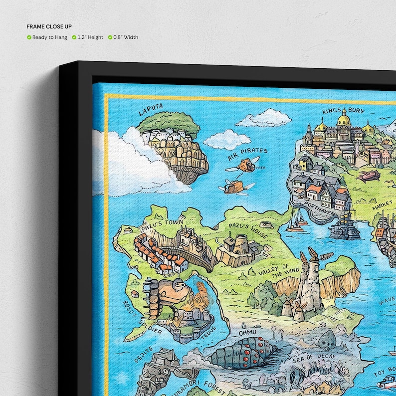 May include: A framed, colourful map illustration with a black frame. The map features whimsical drawings of towns, airships, and creatures. Text on the map includes "Laputa," "Air Pirates," and "Pazu's Town." The frame is 3.0 cm high and 2.0 cm wide.