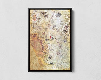 Piri Reis Map Canvas, Ottoman Empire Historical Map 1513, Piri Reis, Vintage Poster, 1st Map to World, Vintage Wall Art, Antique Cartography
