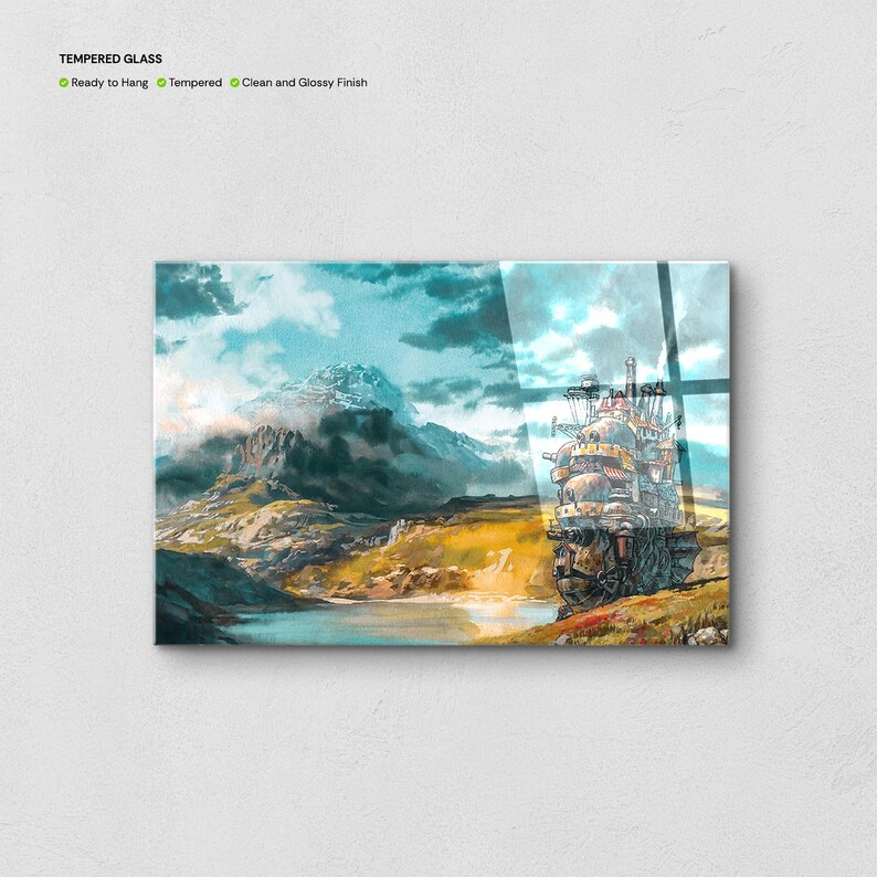 May include: Tempered glass art print featuring a watercolor landscape with a castle-like structure. The artwork showcases a mountain range, a lake, and a cloudy sky. The text "Ready to Hang", "Tempered", and "Clean and Glossy Finish" is visible.