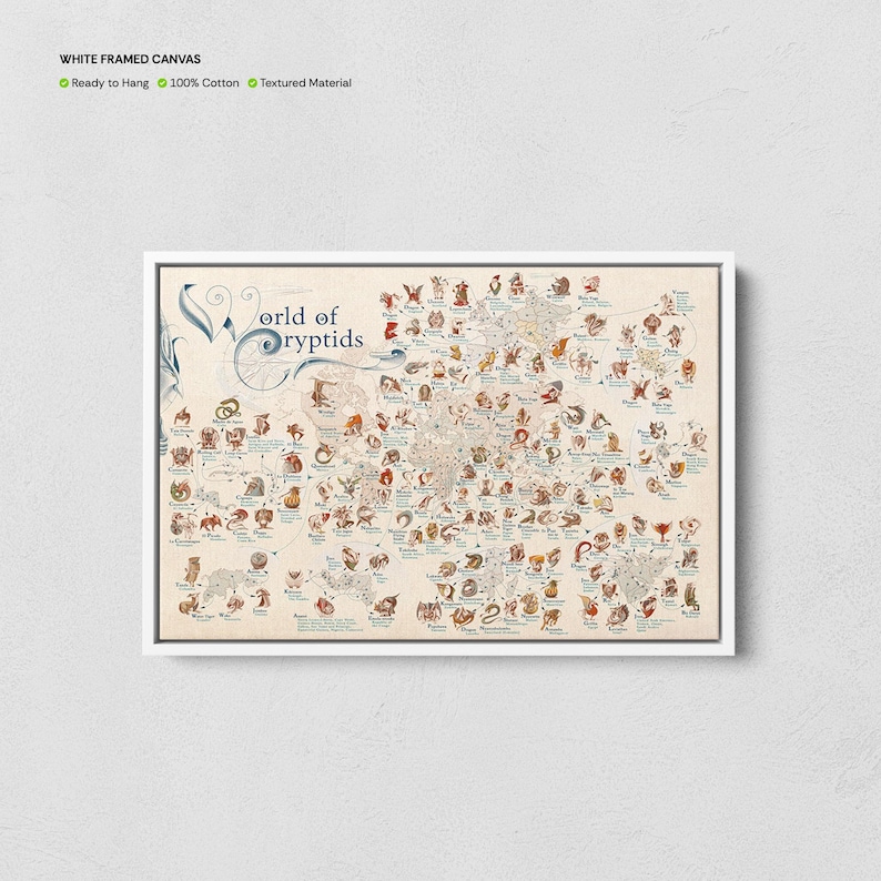 World of Cryptids Print, Map of Mythical Beasts Canvas, Cryptid Wall ...